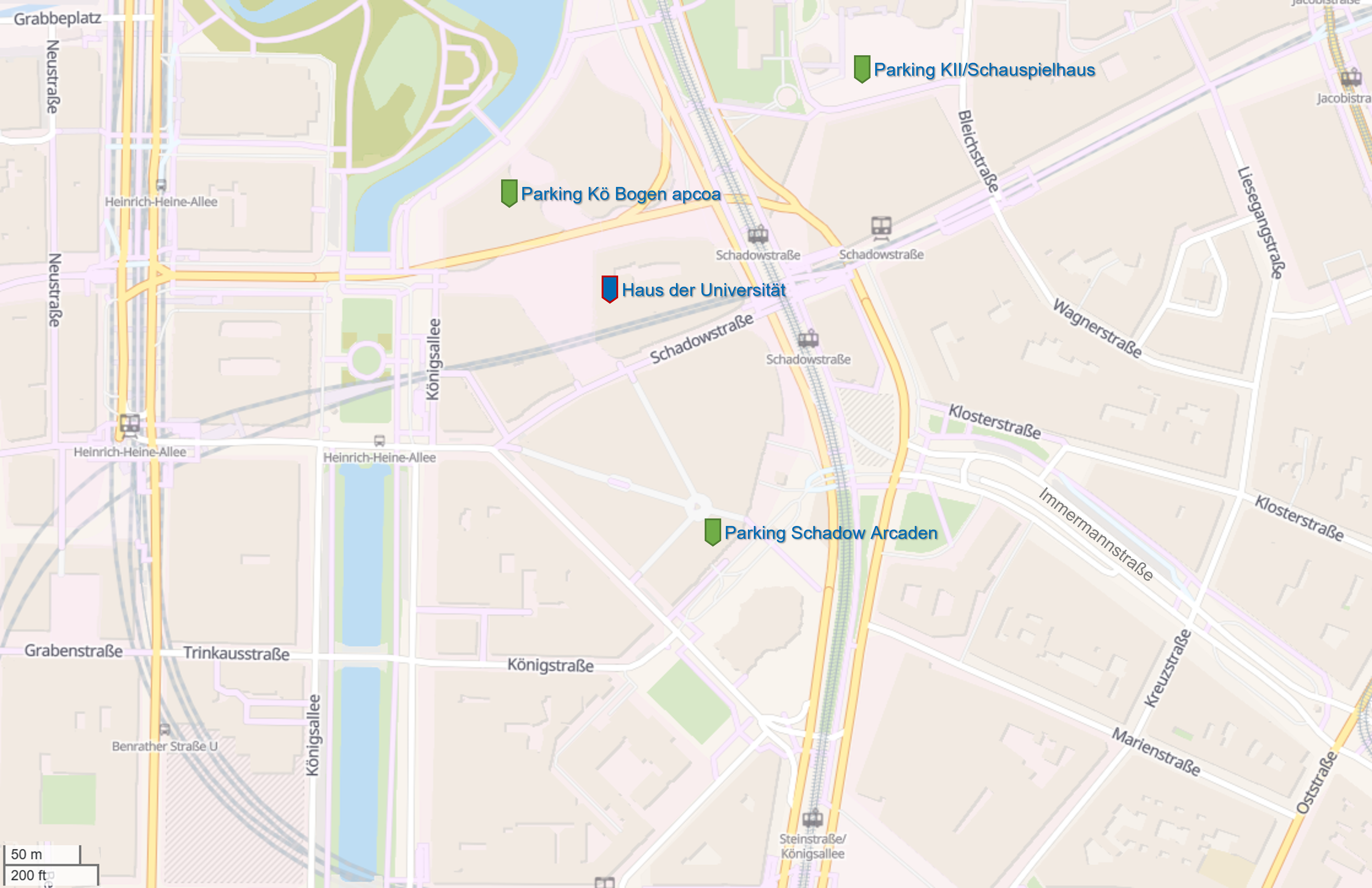 Map showing public parking near Haus der Universität